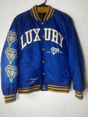 Rue21 Blue and Yellow 'Luxury' Varsity Bomber Jacket